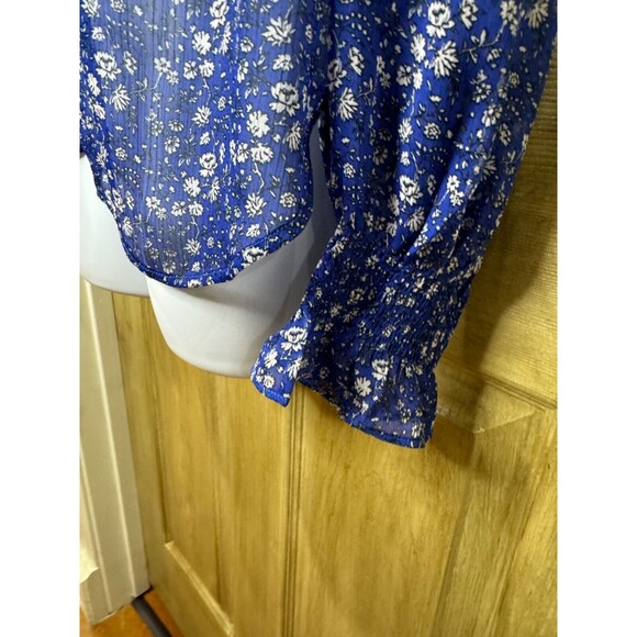 LOFT Women’s Sheer Blouse V Neck Long Sleeve Floral Blue Size Medium M - Picture 4 of 5